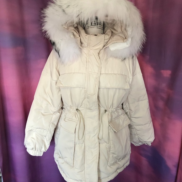 Coat down genuine fox fur hood pocket cream beige women - Picture 6 of 10